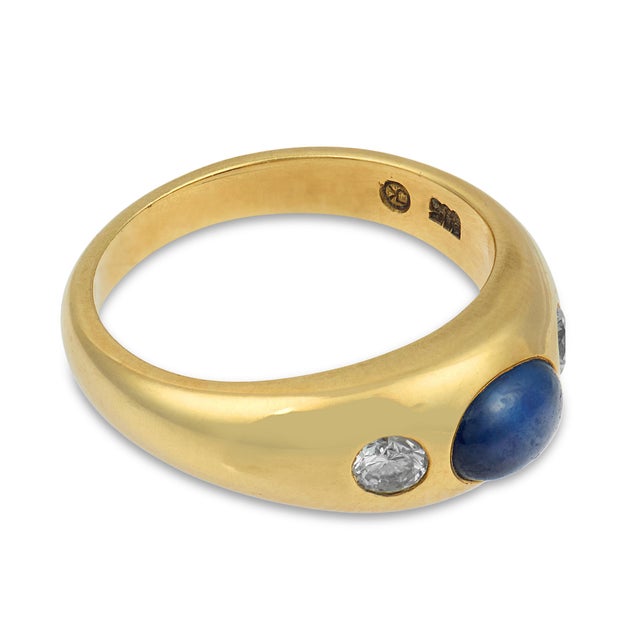 Vintage Sapphire Diamond Bezel Set 18k Yellow Gold Ring, Size 5.5 For Sale - Image 4 of 6