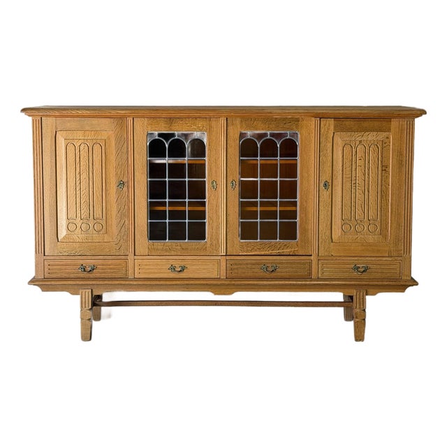 Oak Sideboard Credenza With Leaded Glass Doors Four Drawers Mid-Century Modern 1960s For Sale