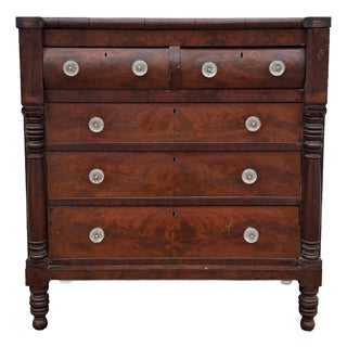 Antique American Empire Chest of Drawers | 5 Drawer Mahogany Veneer Dresser | 19th Century Early American Bedroom Furniture | Solid Wood For Sale