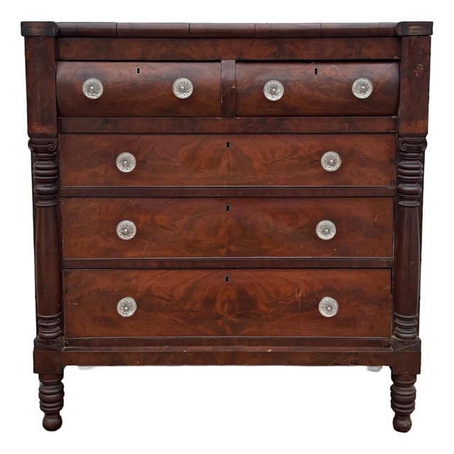 Antique American Empire Chest of Drawers | 5 Drawer Mahogany Veneer Dresser | 19th Century Early American Bedroom Furniture | Solid Wood For Sale