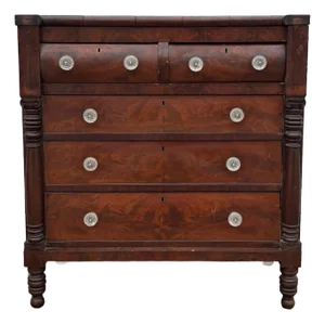 Antique American Empire Chest of Drawers | 5 Drawer Mahogany Veneer Dresser | 19th Century Early American Bedroom Furniture | Solid Wood