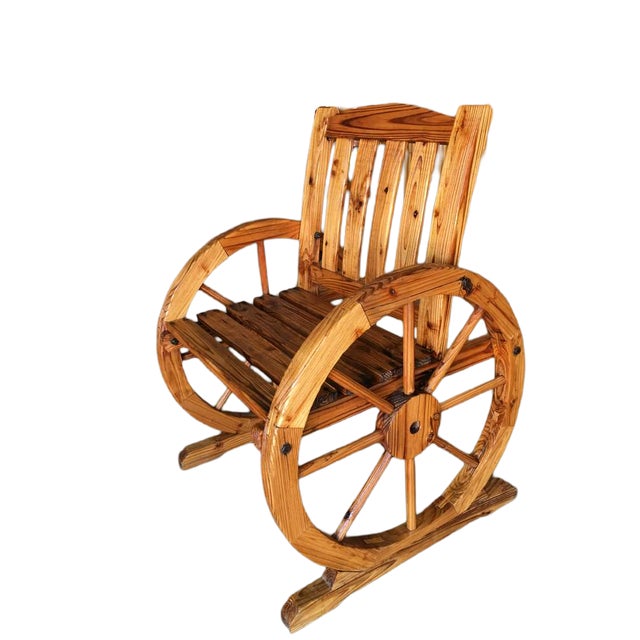 Antique wagon wheel lounge chairs with a matching glass top side table. Heavy solid wood from an antique wood made...