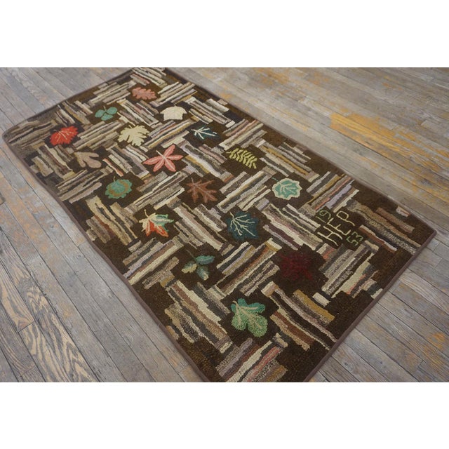 Lofty Brown Color Background With Floral and Symmetrical Patters Design Vintage American Hooked Rug For Sale - Image 13 of 13