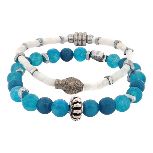 Ocean Zen Blue Jade & White Pearl Men’s Bracelet Set For Sale