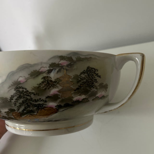 Vintage Kutani Hand-Painted Mount Fuji Porcelain Bowl With Handles For Sale - Image 9 of 9