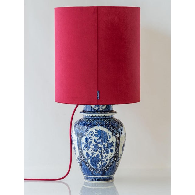 Boch Frères Large Delft Blue Table Lamps, New Red Velvet Shades, Set of 2 For Sale - Image 10 of 13