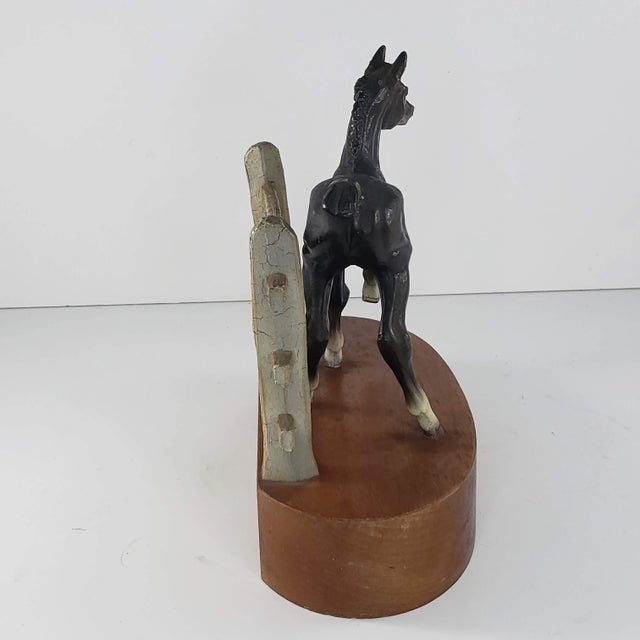 Vintage Metal Foal Baby Horse Wood Base Fence The horse and fence are made of some kind of metal. May be cast iron, but I...