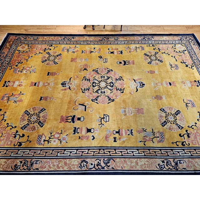 Vintage Art Deco Chinese Rug, Wool Pile, Pastel Yellow, 1920s, For Sale - Image 9 of 18