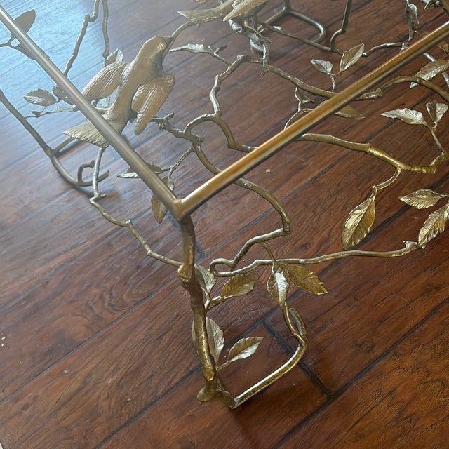 1970s Vintage Italian Brass Organic Tree & Bird Square Cocktail Table For Sale - Image 6 of 9