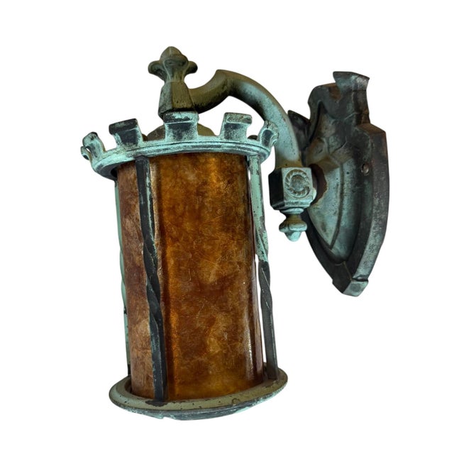 Early 20th Century Original Verdigris Patina Bronze Outdoor Wall Sconce With Mica Shade For Sale - Image 4 of 10