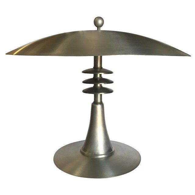 1970s Art Deco Style Machine Age Table Lamp W/ Large 20" Spun Aluminum Shade For Sale - Image 5 of 11