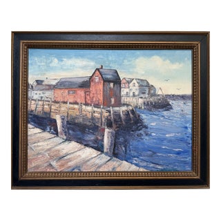 V. Caskey Coastal Harbor Vintage Oil Painting Signed 1975 Maritime Seascape Art For Sale