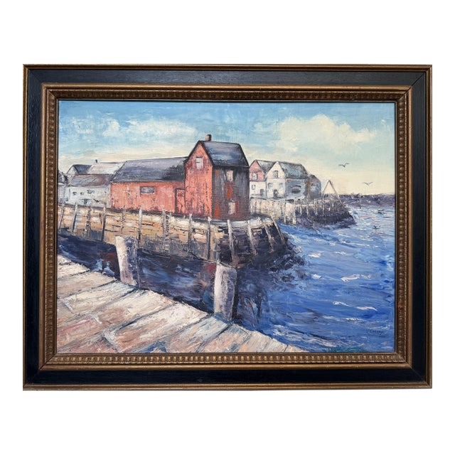 V. Caskey Coastal Harbor Vintage Oil Painting Signed 1975 Maritime Seascape Art For Sale