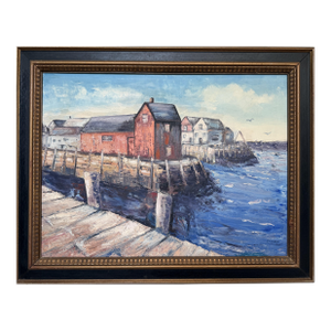 V. Caskey Coastal Harbor Vintage Oil Painting Signed 1975 Maritime Seascape Art