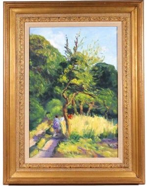 Gaston Sebire, French Post Impressionist Oil Painting Bucolic Wooded Country Lane Gaston Sebire, c.1960