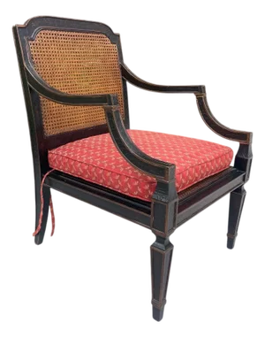Baker Milling Road “Sheraton” Arm Chair, Campaign Style, Lacquer, Cane