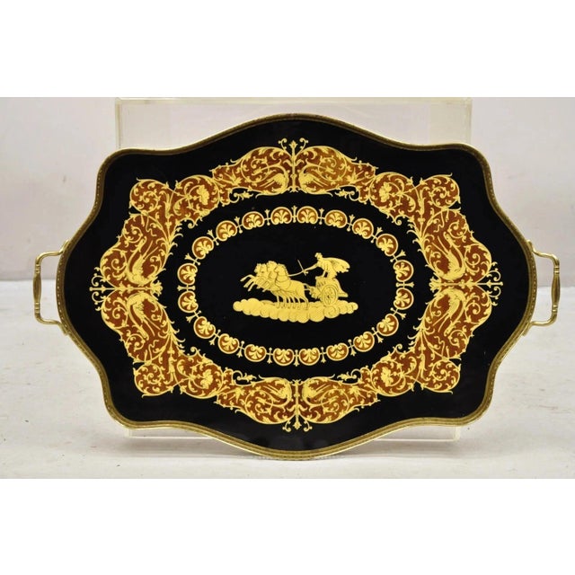 Vintage Italian Lacquered Wood & Brass Chariot Marquetry Inlay Bar Serving Tray For Sale - Image 12 of 12