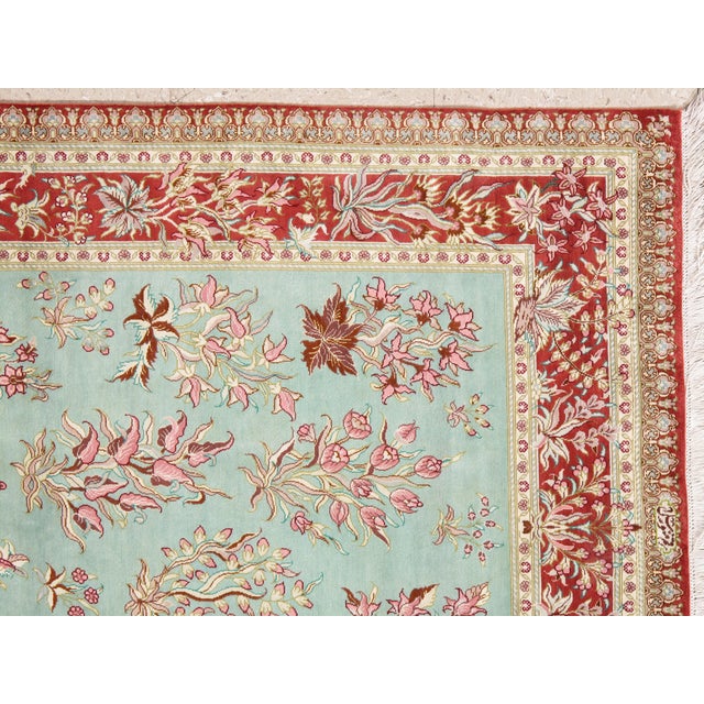 Late 20th Century Rare Finely Woven Persian Silk Qum, Handmade Oriental Rug, Sky Blue and Red For Sale - Image 15 of 17