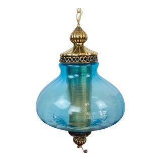 Vintage 1970s Aqua Blue & Brass Hollywood Regency Hanging Swag Lamp For Sale