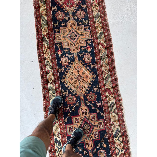 Textile Village Life Antique Runner Indigo, Apricot, Sage, Women, Birds, Guard Dogs Rug 2.10 x 10.9 For Sale - Image 7 of 12