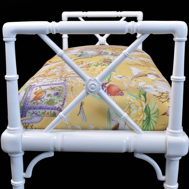 Boho Chic Faux Bamboo White Bench For Sale - Image 3 of 5