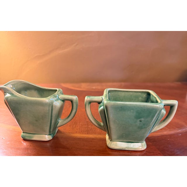 Art Deco Anna Van Briggle Art Deco Pottery Green Glaze Creamer & Sugar ca.1955 For Sale - Image 3 of 13
