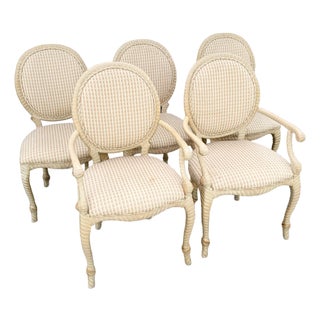 French Provincial Carved Wooden Twisted Rope Dining Chairs by Andre Originals - Set of 5 For Sale