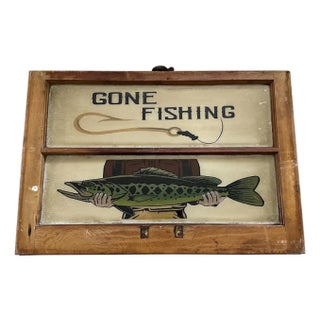 Vintage Reverse Painted "Gone Fishing" Window Sign For Sale
