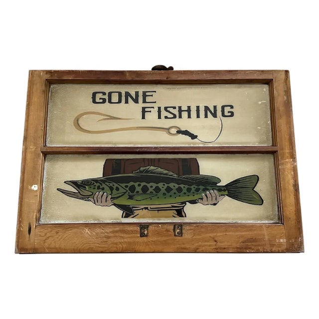 Vintage Reverse Painted "Gone Fishing" Window Sign For Sale