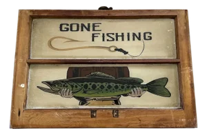 Vintage Reverse Painted "Gone Fishing" Window Sign