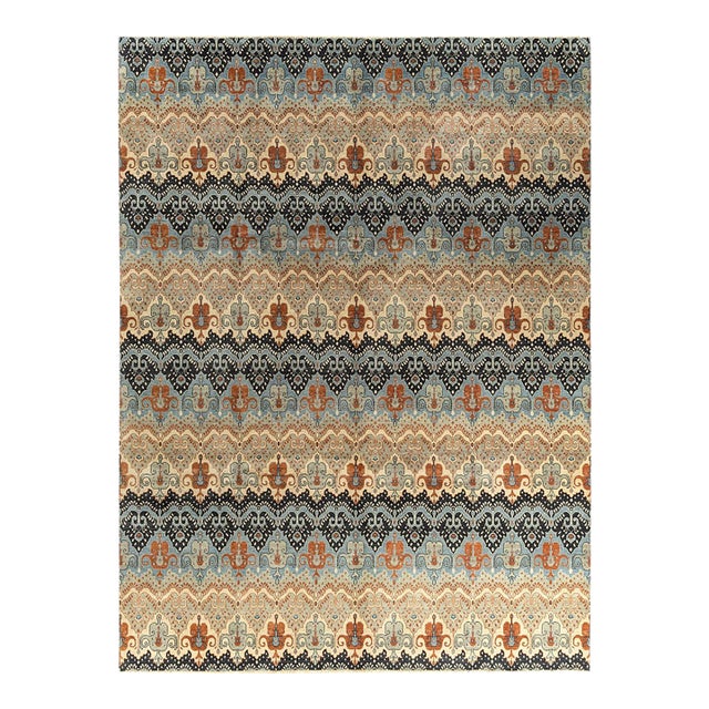 Ikat, One-of-a-Kind Hand-Knotted Area Rug - Gray, 9' 1" x 12' 3" For Sale