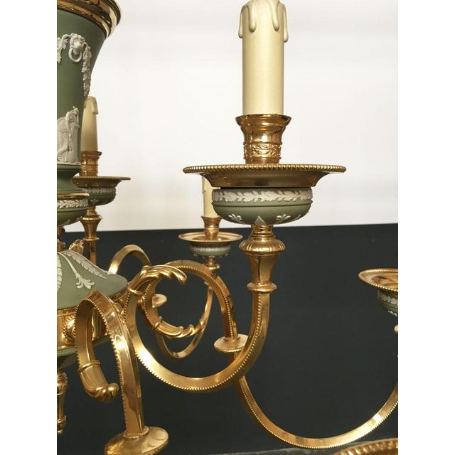 Hollywood Regency Hollywood Regency Style Green Porcelain and Brass Chandelier, 1970 For Sale - Image 3 of 18