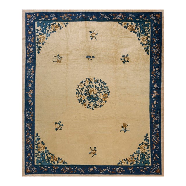 1920s Beige Medallion Floral Antique Chinese Peking Carpet 8'' X 9'5'' Wool Knotted Rug For Sale