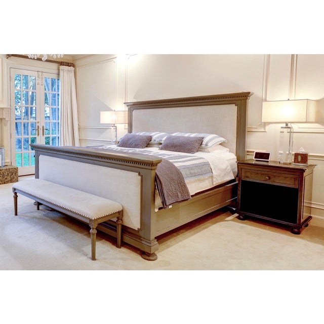RH St. James King Fabric Panel Bed in Antiqued Graphite finish with Sand color Belgian Linen upholstery. A similarly...
