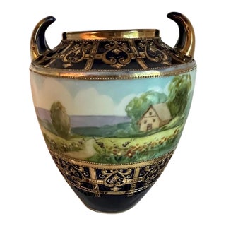 Antique Nippon Porcelain Scenic Vase, Hand-Painted Cobalt Blue & Gold For Sale