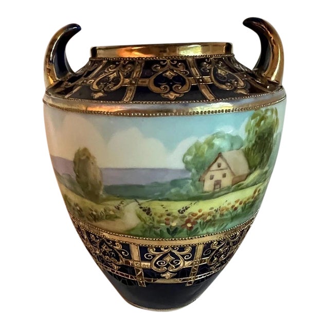 Antique Nippon Porcelain Scenic Vase, Hand-Painted Cobalt Blue & Gold For Sale