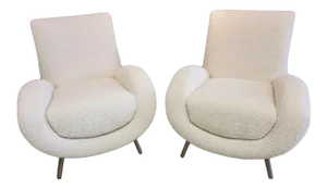 Mid Century Postmodern Italian Slant Back Club Chairs Newly Reupholstered in White Boucle - Pair