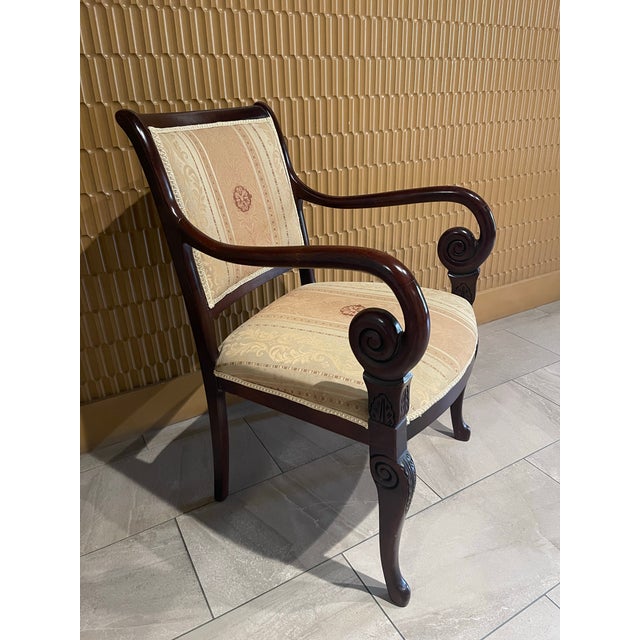 Late 20th Century Late 20th Century Empire Revival Faiteuil Carved Mahogany & Brocade Armchair For Sale - Image 5 of 11