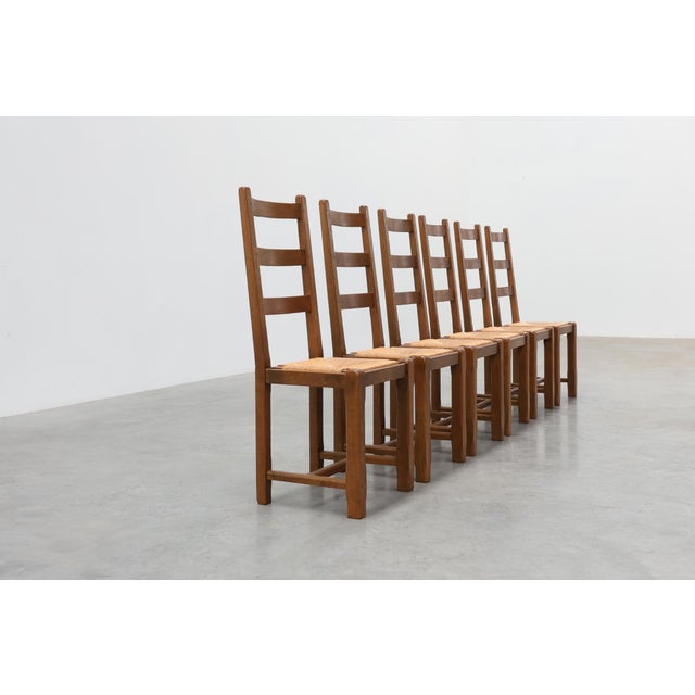 1950s Rustic Oak Ladder-Back Chairs with Rush Seats, France, 1950s, Set of 6 For Sale - Image 5 of 18