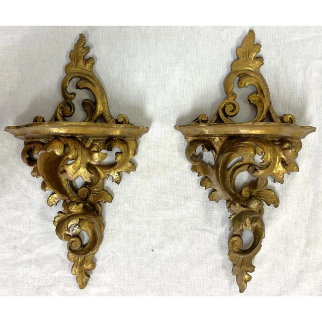 Vintage Italian Rococo Style Gilt Carved Wood Wall Brackets- a Pair For Sale - Image 13 of 13