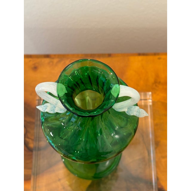 Murano Vintage Green Italian Murano Ribbed Soffiato Glass Vase With Applied Handles in the Manner of Vittorio Zecchin For Sale - Image 4 of 12
