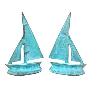 Vintage Verdigris Solid Brass Sailboat Nautical Bookends - a Pair For Sale