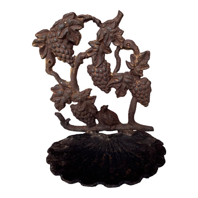 Vintage Cast Iron Bird on Grapevine Wall Mounted Garden Bird Feeder/Decor For Sale