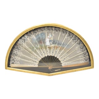 Large Hand Painted Framed Antique Fan For Sale
