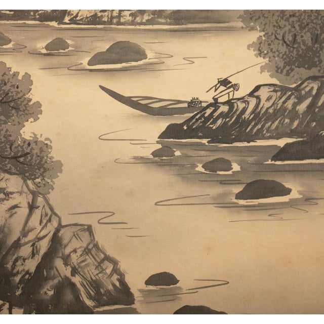 C. 1920 Taisho Era Japanese Silk Scroll Ink Landscape Painting For Sale - Image 10 of 18