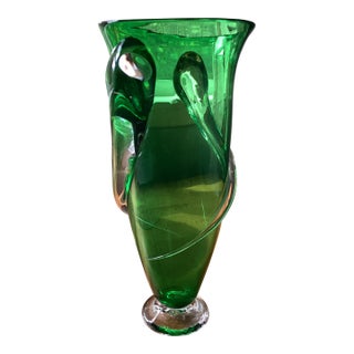 Large Bright Green Glass Vase With Clear Swirling Handles. Outstanding. Beautiful. For Sale