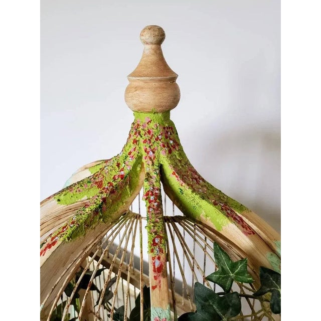 Green Whimsy Chic Decorative Distressed Painted Bird Cage For Sale - Image 8 of 11