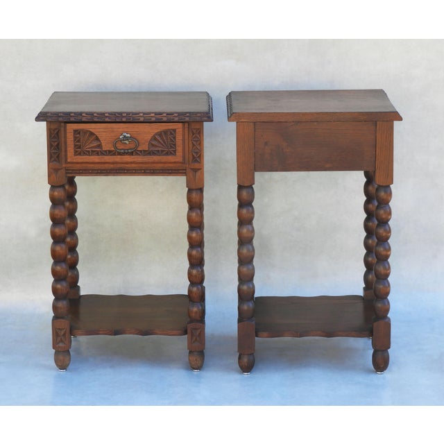 Neo-Basque Carved Oak Single Drawer Nightstands by Charles Dudouyt, France, 1930s, Set of 2 For Sale - Image 6 of 11