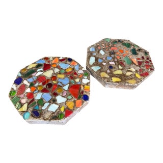 Pair of Vintage Mosaic Glass and Concrete Octagonal Stepping Stones For Sale