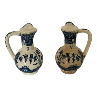 Antique Blue & White Transferware Oil and Vinegar Cruet Set With Original Stoppers, Circa 1900 For Sale